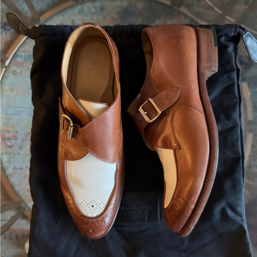 THE OFFICE OF ANGELA SCOTT Mr. Georgie White & Cognac Leather Women's Monkstrap